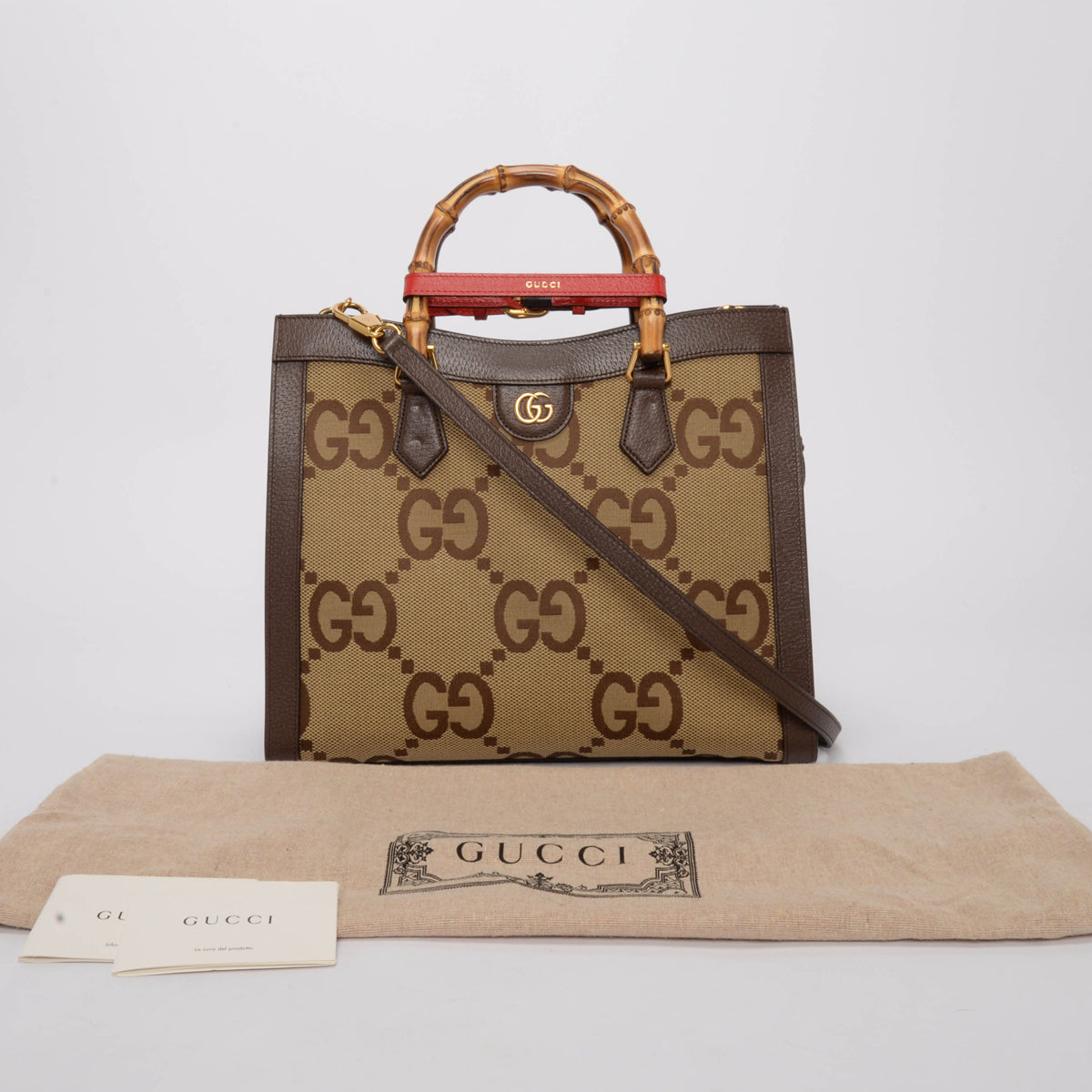 Gucci Brown Dollar Calfskin Jumbo GG Medium Diana Tote