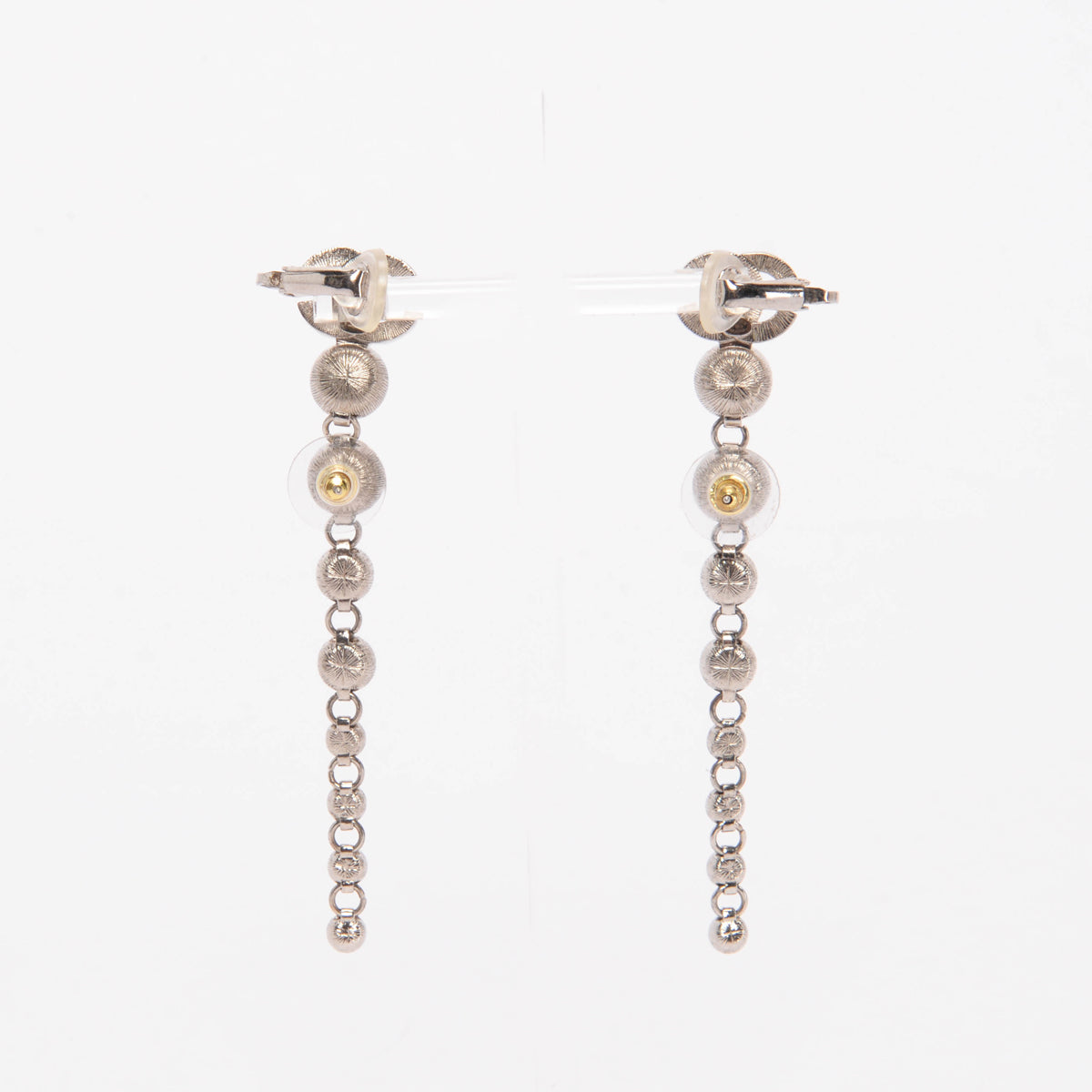 Chanel Silver Crystal CC Long Drop Earrings