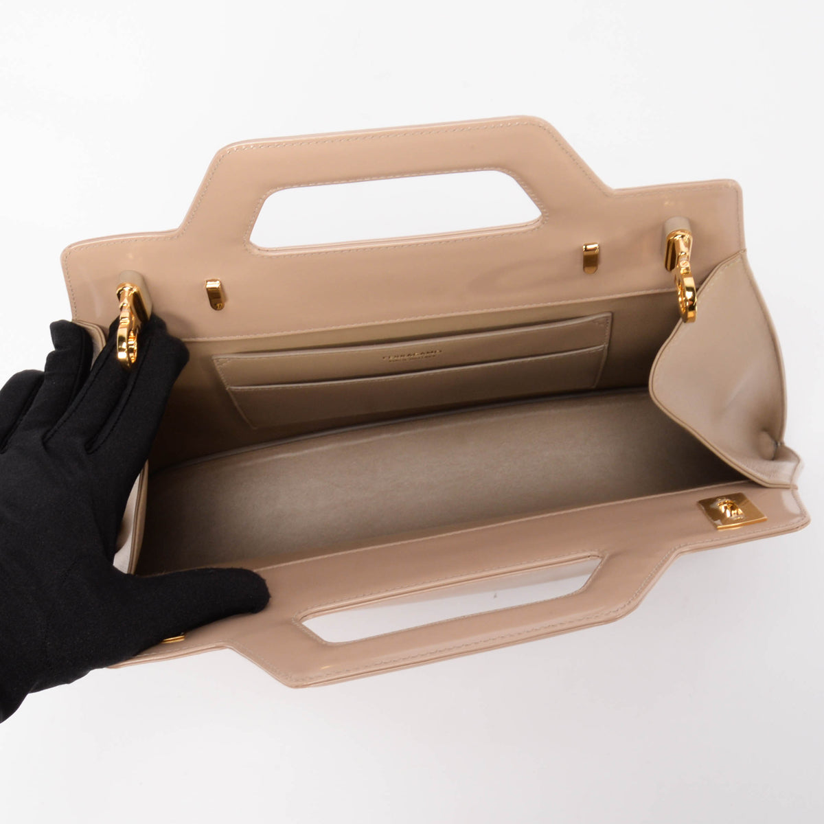 Ferragamo Beige Hi-Shine Wanda Top Handle Bag