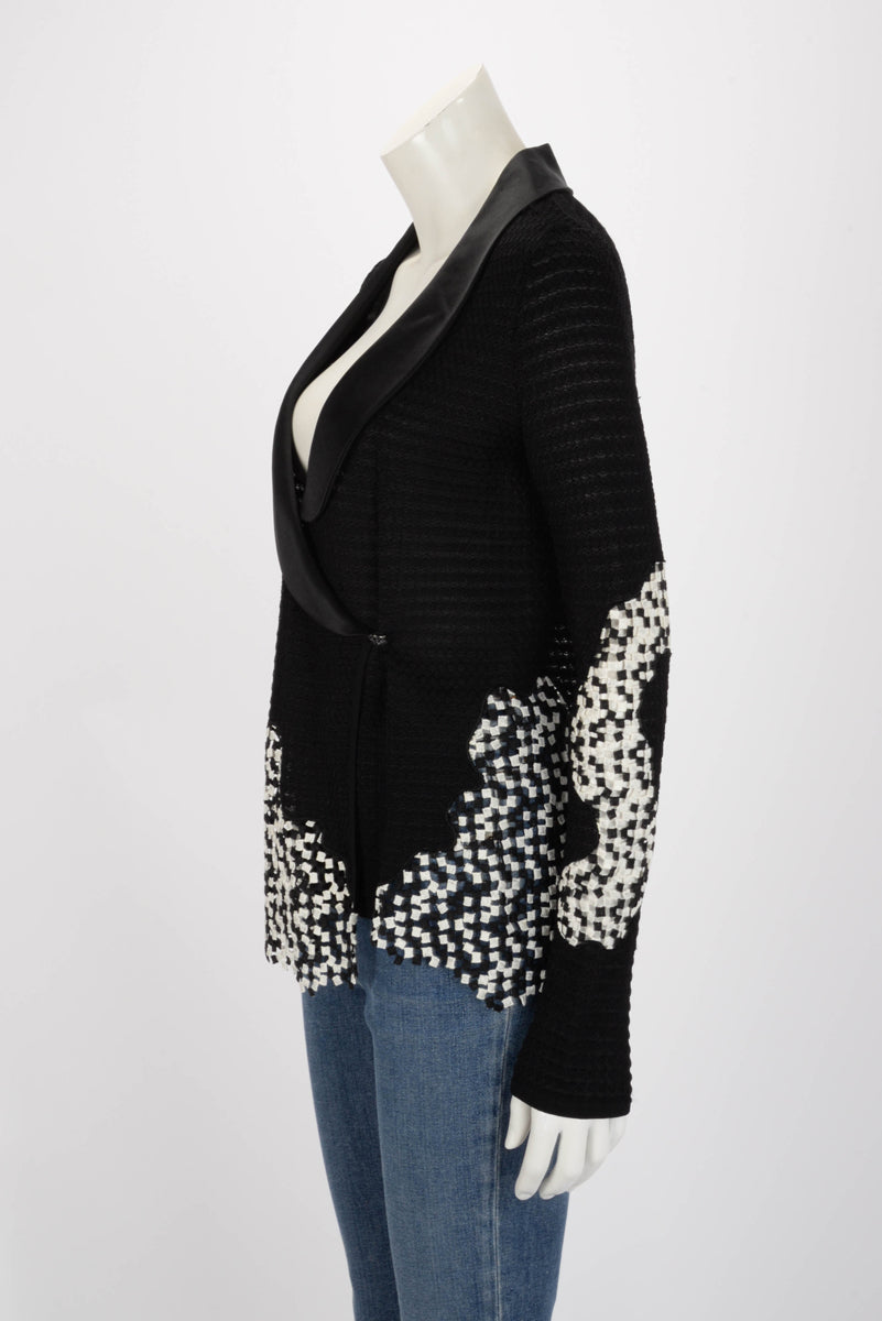 Chanel Black & White Knit Satin Lapel Jacket 36