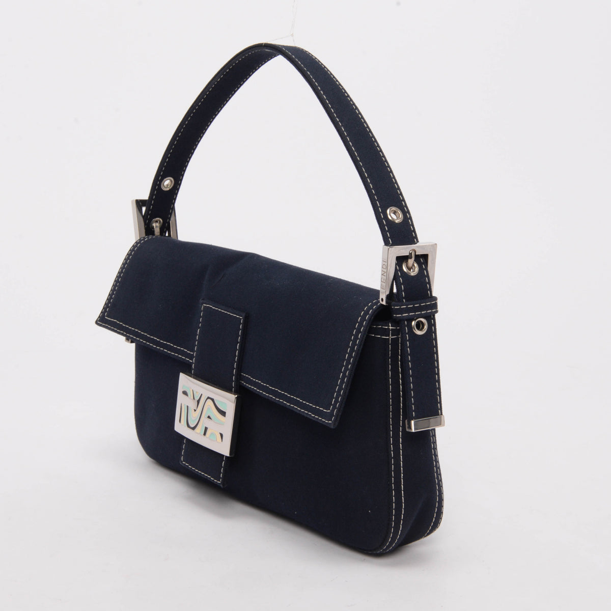 Fendi Navy Cotton Drill Enamel Clasp Baguette Bag