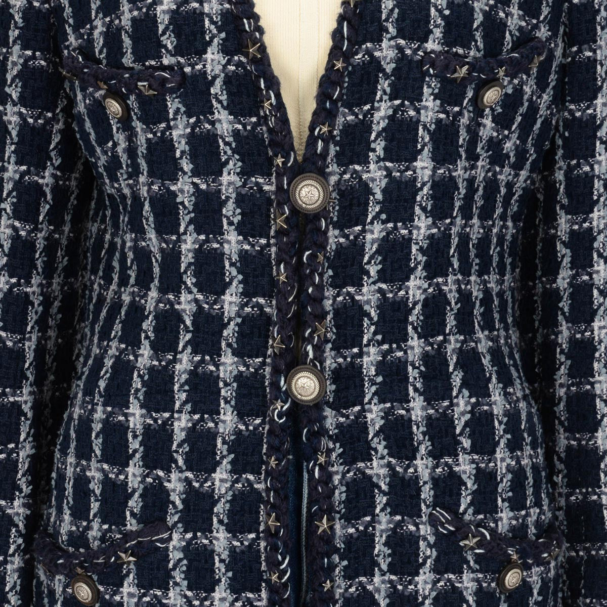 Chanel Navy Fantasy Tweed Paris to Dallas Jacket FR 44