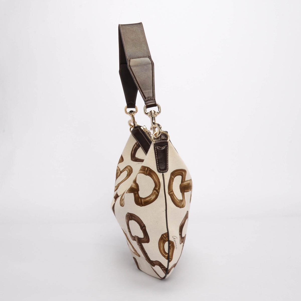 Gucci Brown Bamboo Horsebit Canvas Hobo Bag