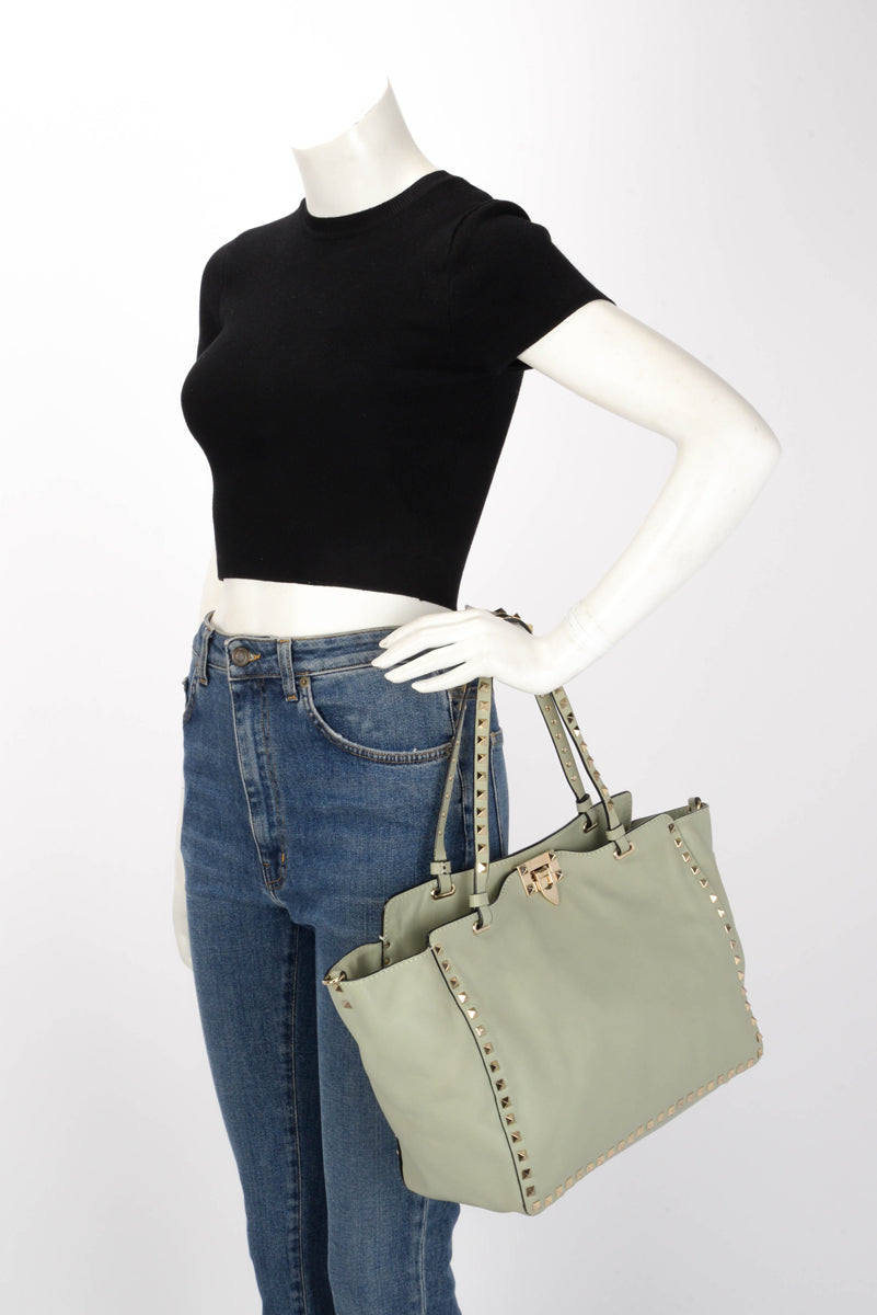 Valentino Mint Green Calfskin Medium Rockstud Trapeze Tote