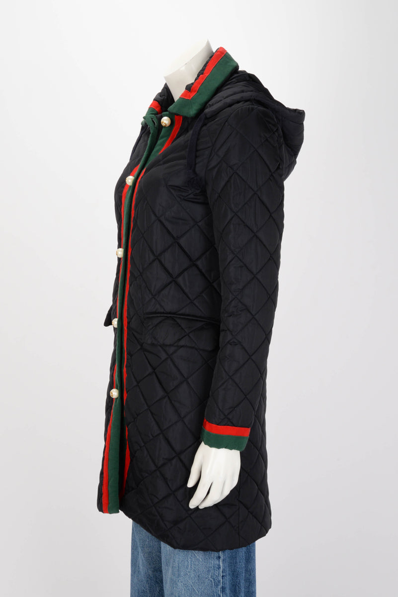 Gucci Navy Quilted Web Trim Long Puffer Jacket IT 42