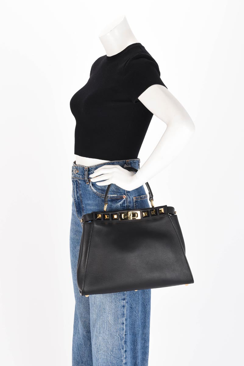 Fendi Black Calfskin Studded Medium Peekaboo Bag