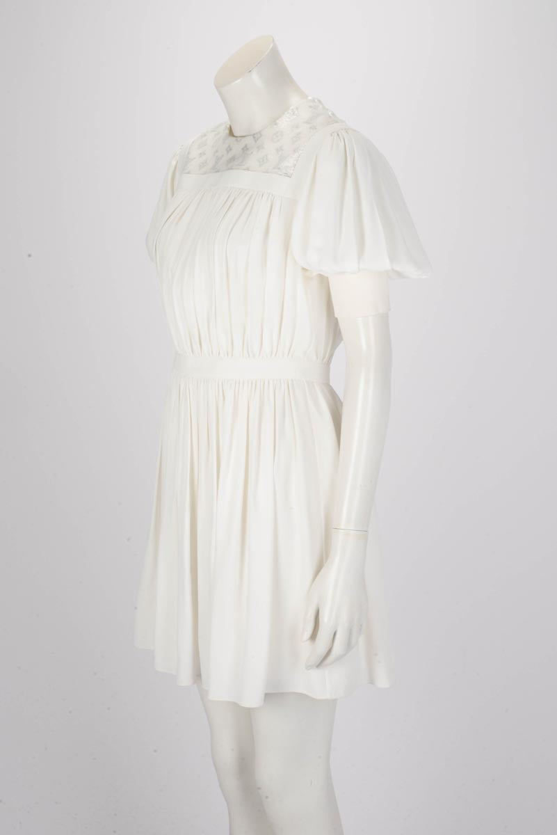 Louis Vuitton White Silk Crepe Monogram Fluid Mini Dress FR 38