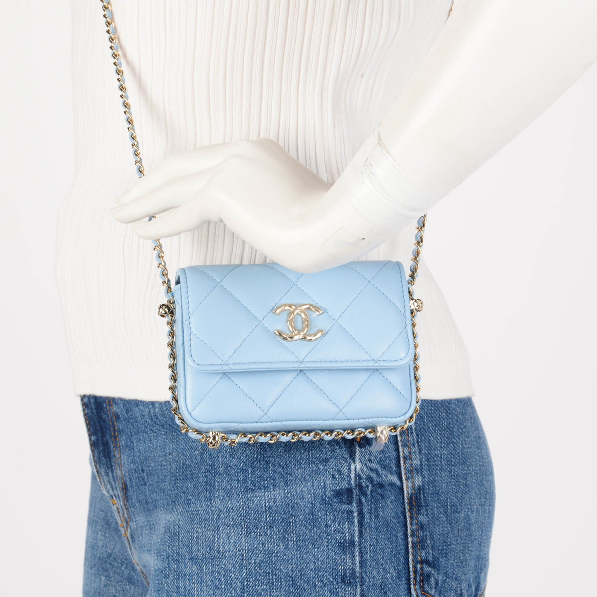 Chanel Light Blue Calfskin Clutch With Chain Wallet