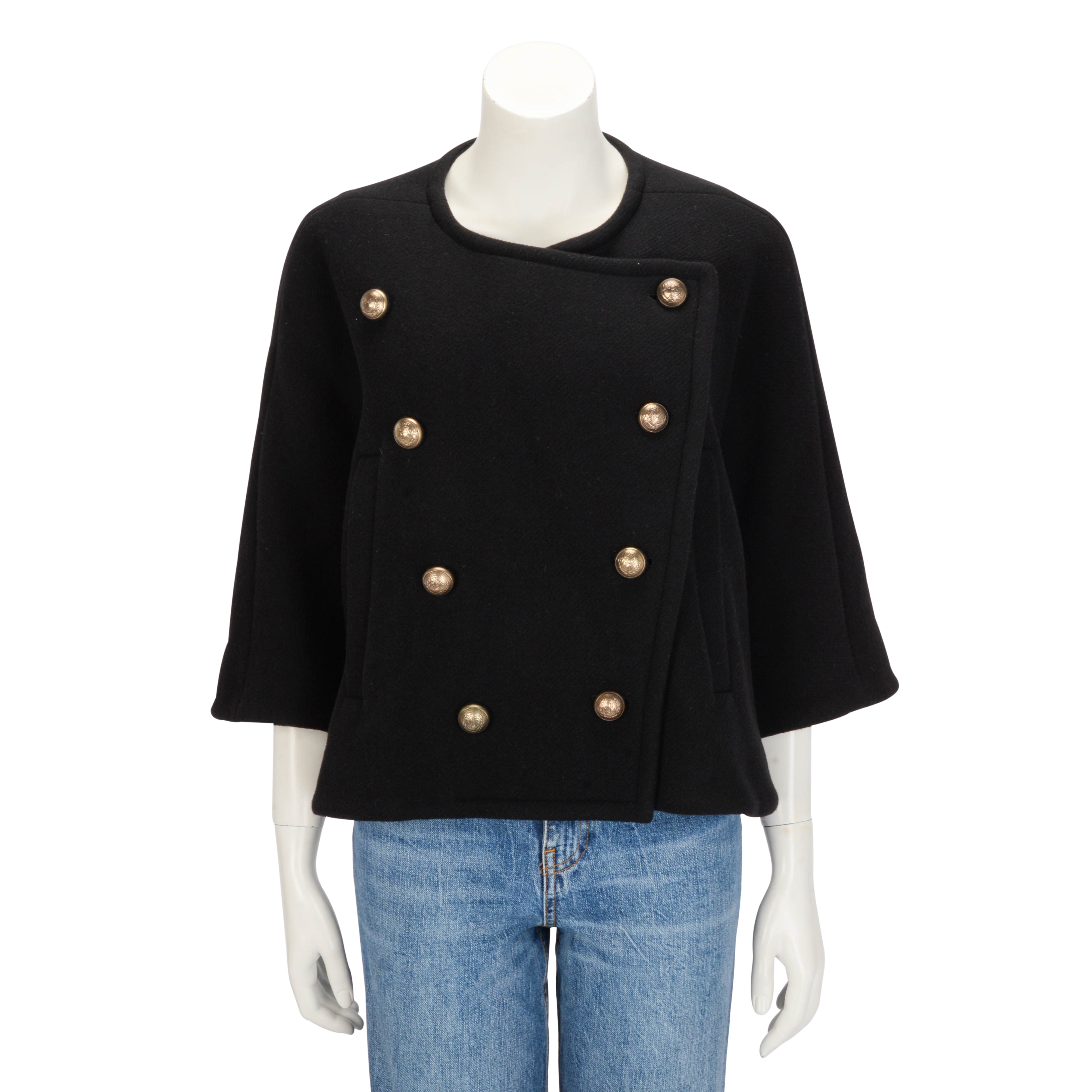 Chloe Black Wool Melton Military Pea Coat FR 44