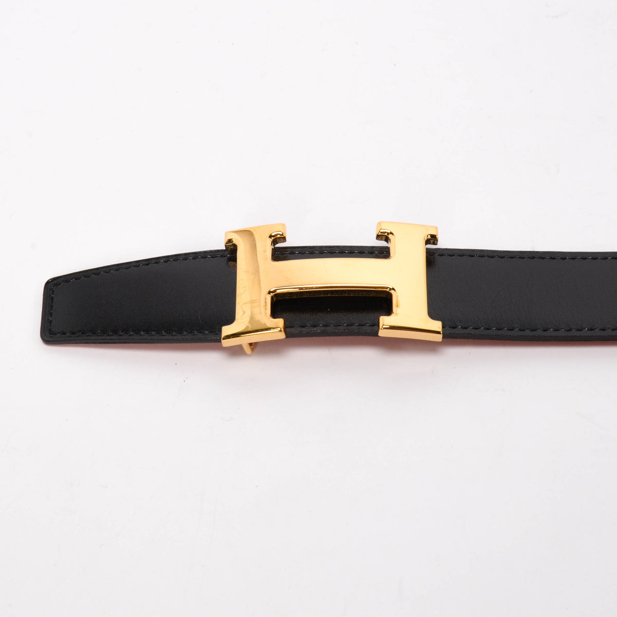 Hermes Black & Orange Box Calf & Togo Reversible H Buckle Belt