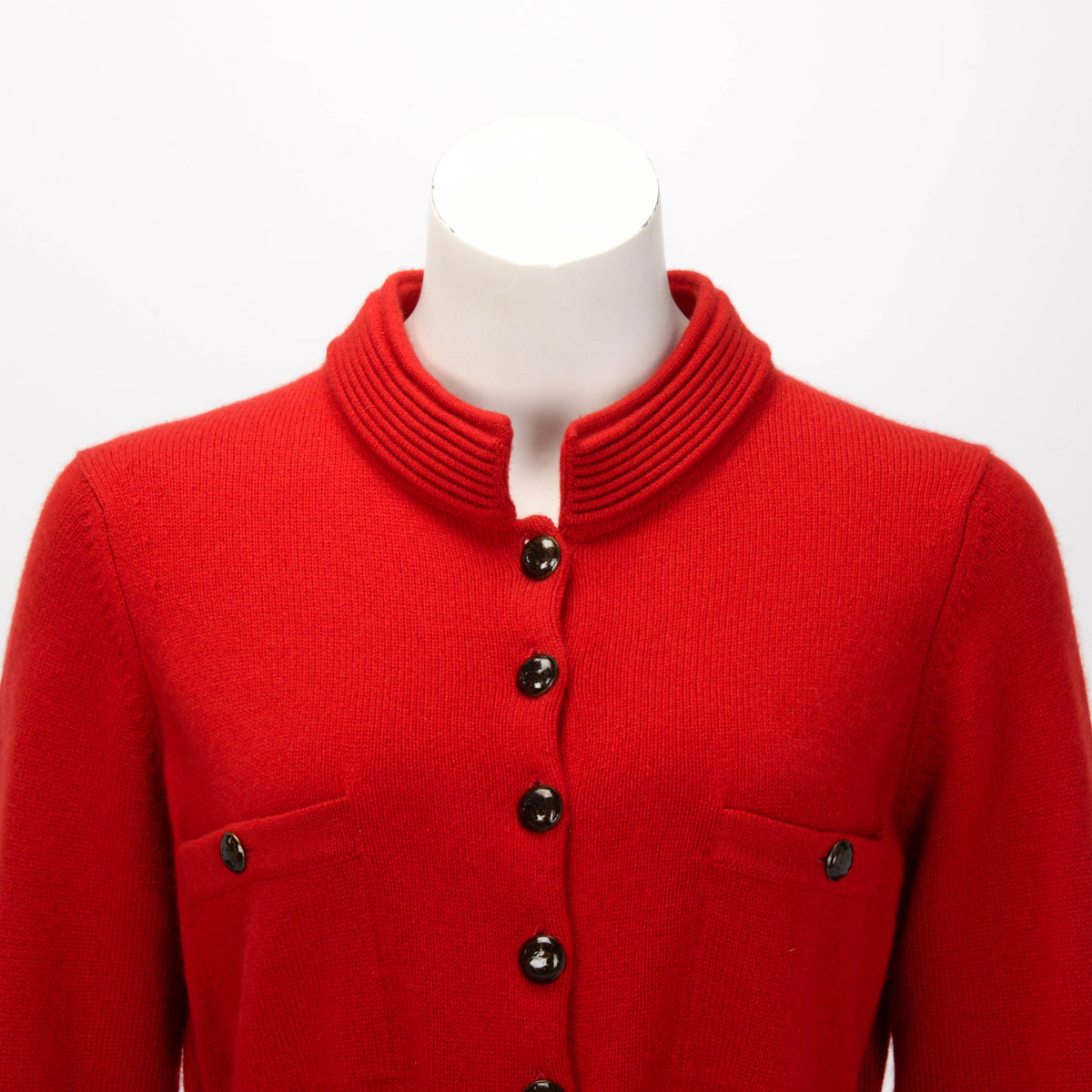 Chanel Red Cashmere Belted Mandarin Collar Cardigan Jacket FR 40