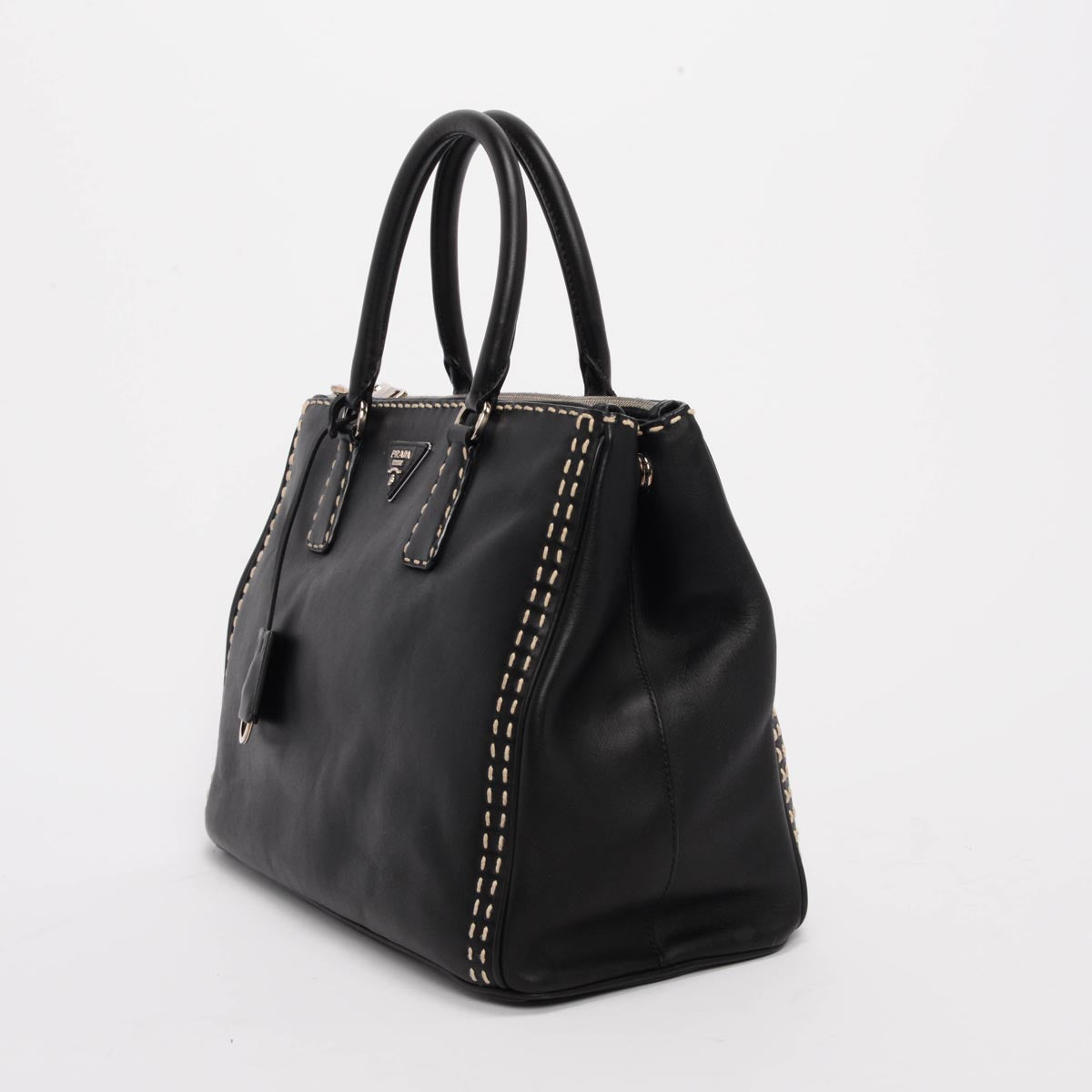 Prada Black Topstitched City Calf Medium Double Zip Tote