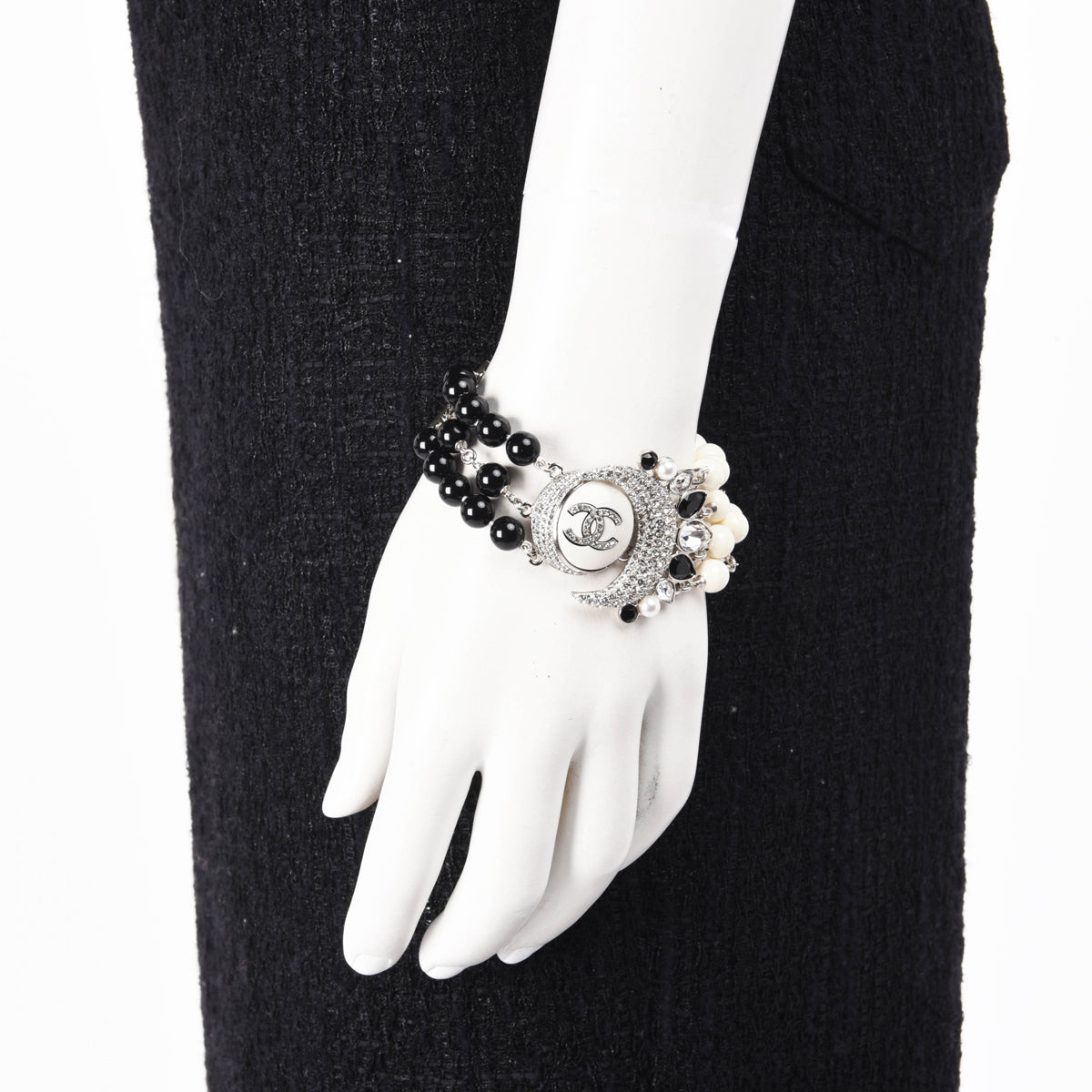 Chanel Black & White Crystal & Beads CC Bracelet