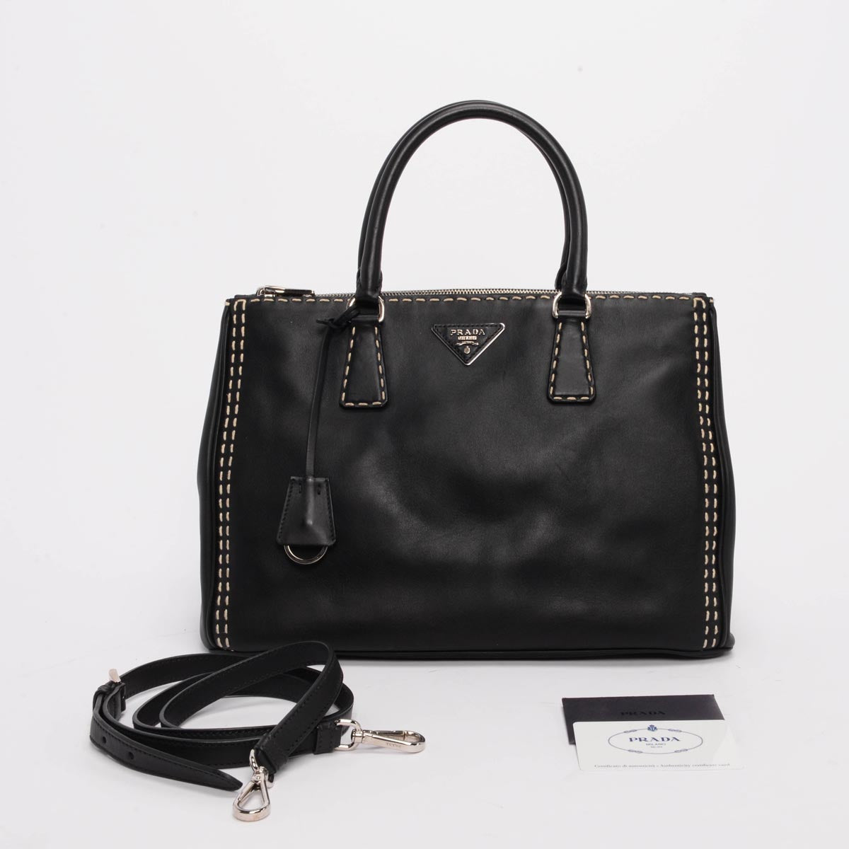 Prada Black Topstitched City Calf Medium Double Zip Tote