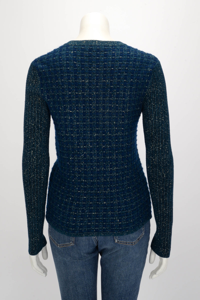 Chanel Blue & Gold Lurex Knit Chain Drawstring Sweater FR 38