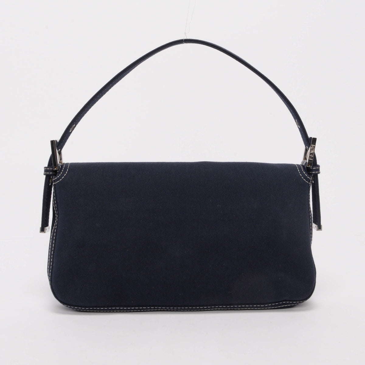 Fendi Navy Cotton Drill Enamel Clasp Baguette Bag