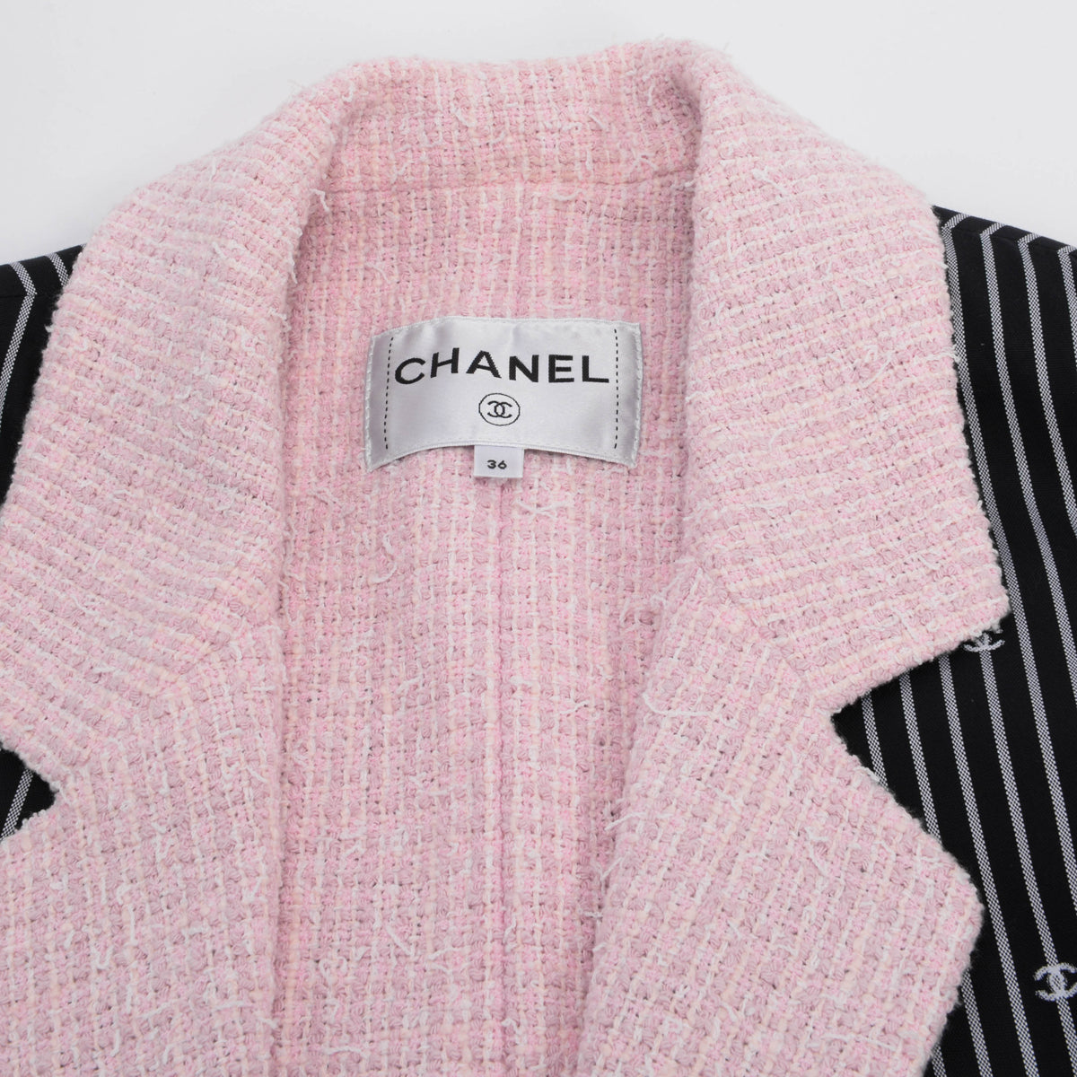 Chanel Pink Tweed Lined CC Pinstripe S/S Jacket FR 36