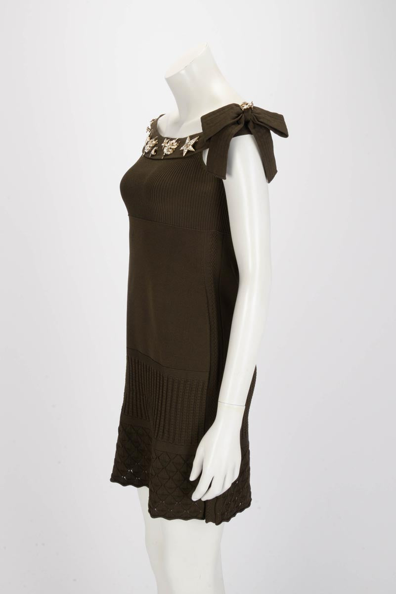 Chanel Khaki Knitted Brooches Dress FR 40