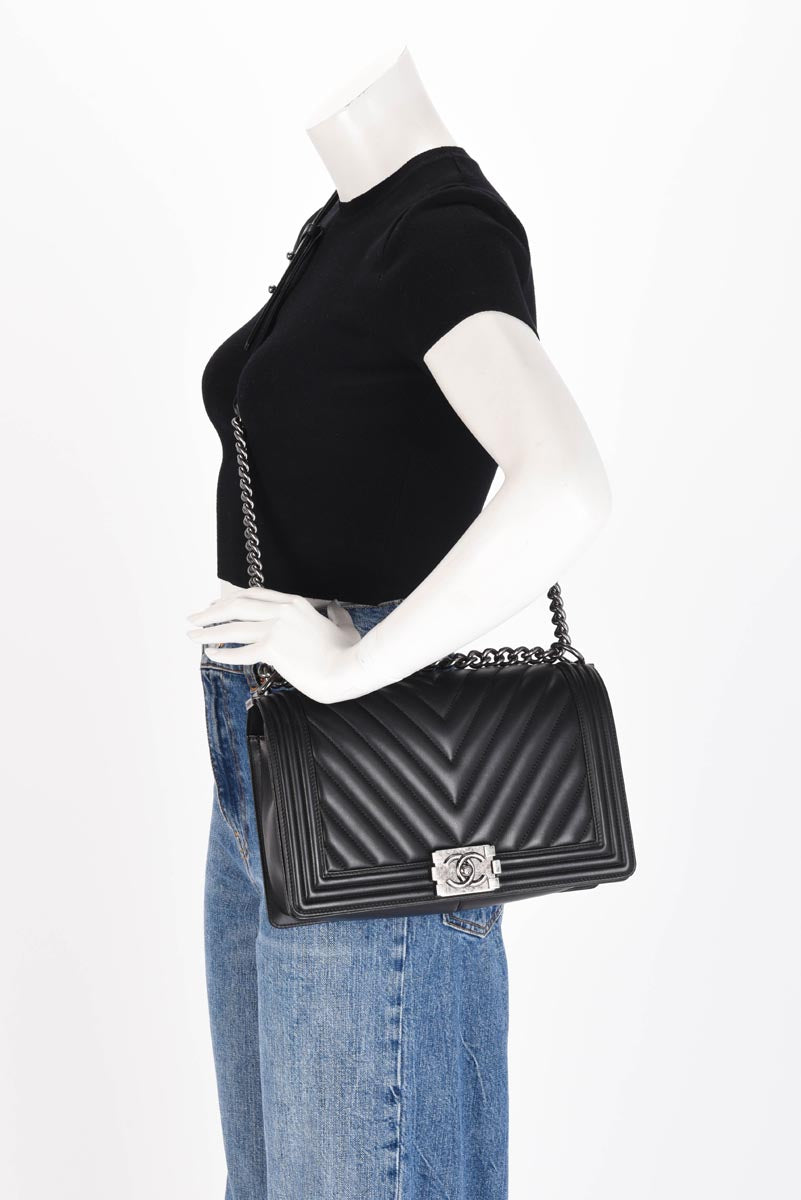Chanel Black Chevron Lambskin Medium Boy Bag