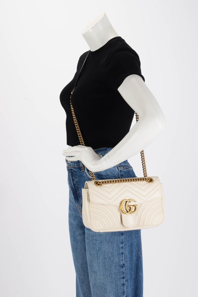 Gucci White Matelasse Small GG Marmont Shoulder Bag