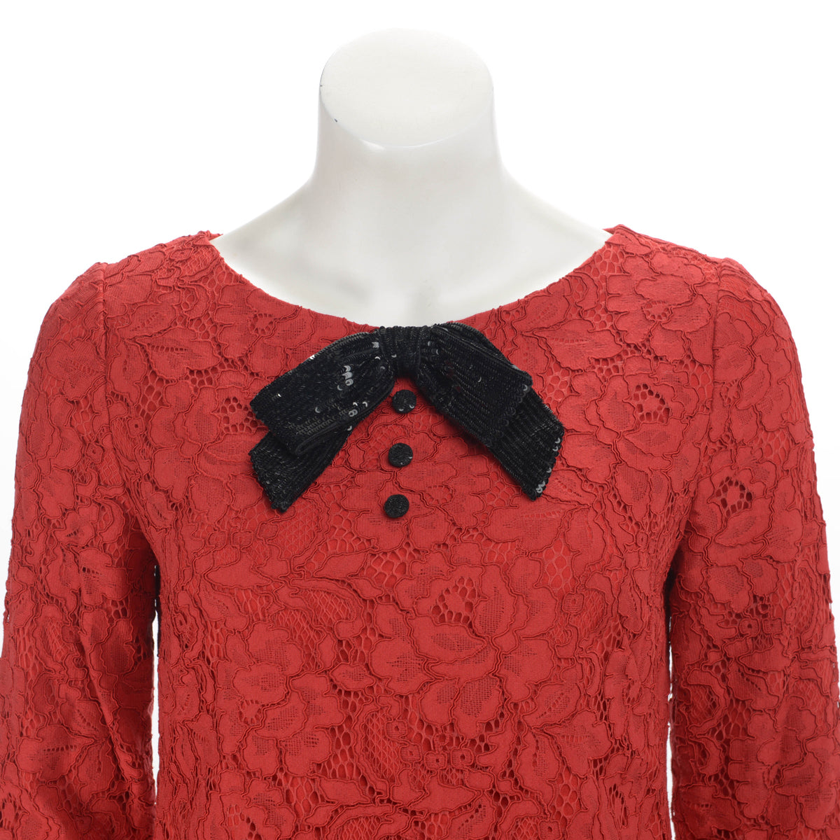 Saint Laurent Red Lace Sequin Bow Dress FR 36