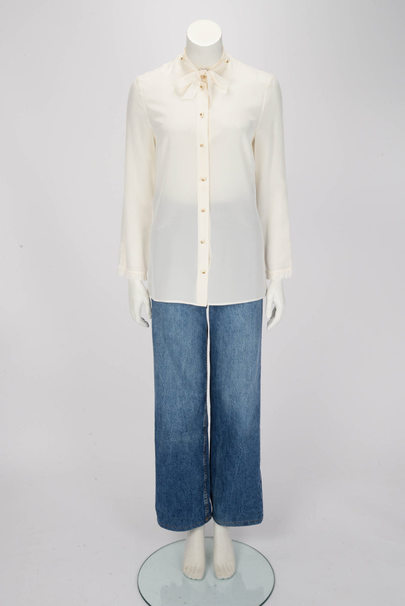 Gucci Off White Silk Tie Neck Blouse IT 40