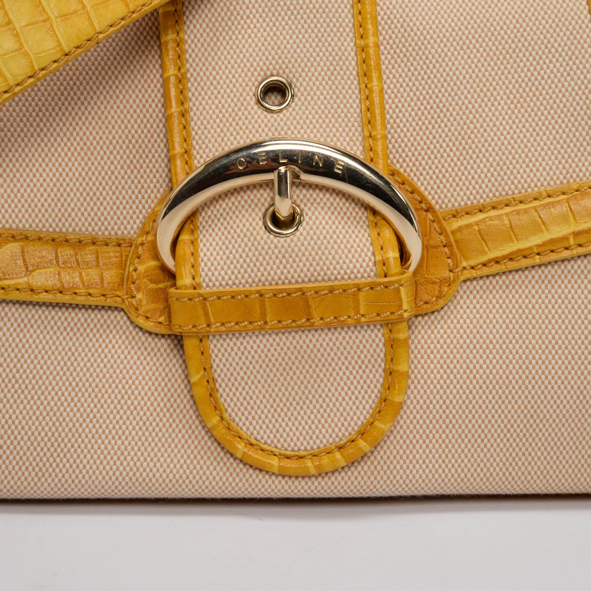 Celine Vintage Yellow Canvas Moc Croc Shoulder Bag