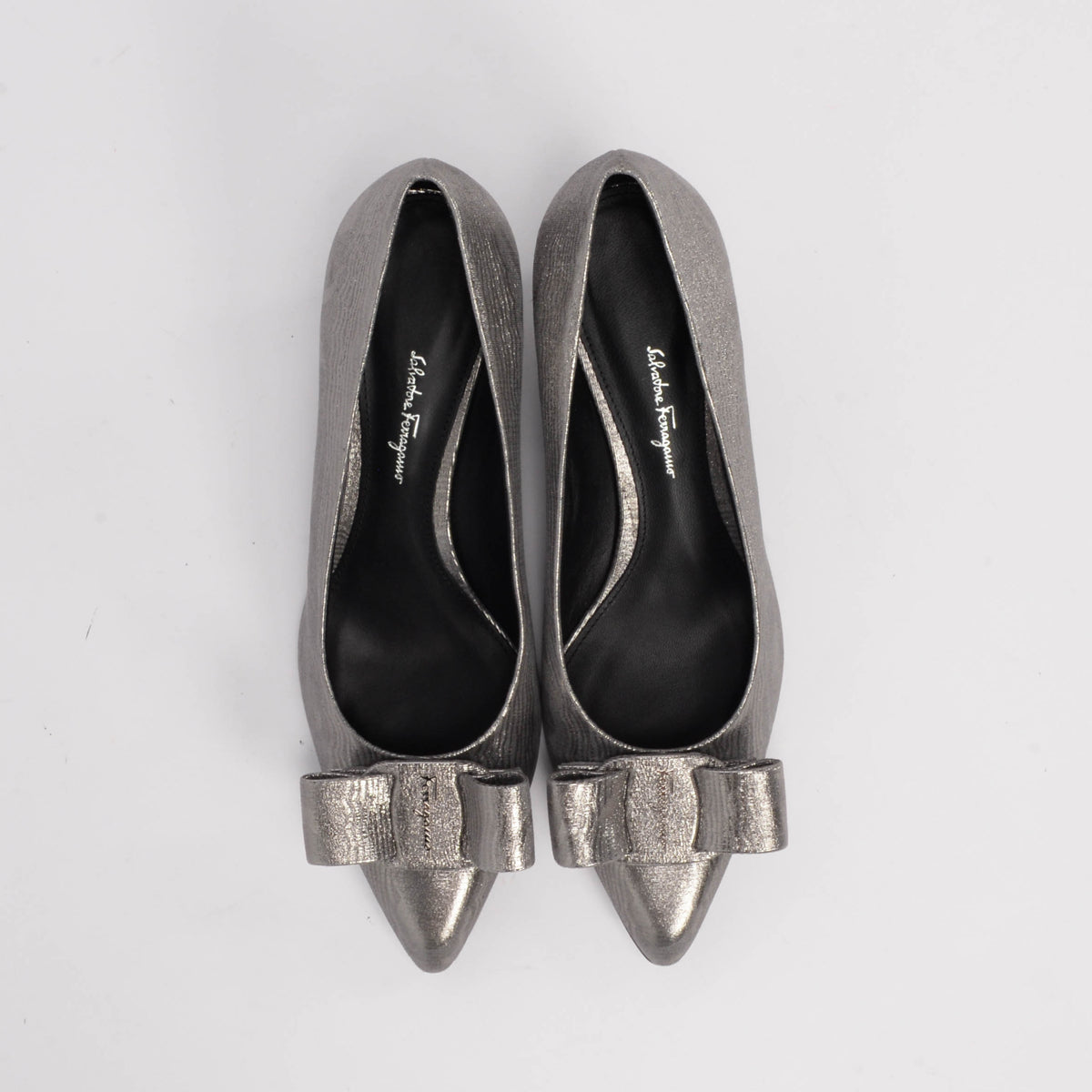 Ferragamo Silver Suede Viva Bow Pumps 10