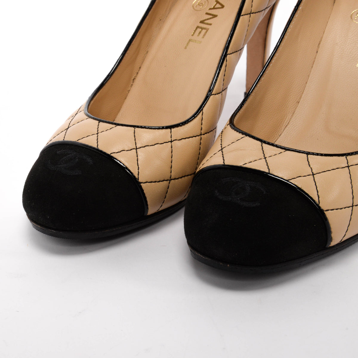 Chanel Beige & Black Quilted CC Cap Toe Pumps 39.5