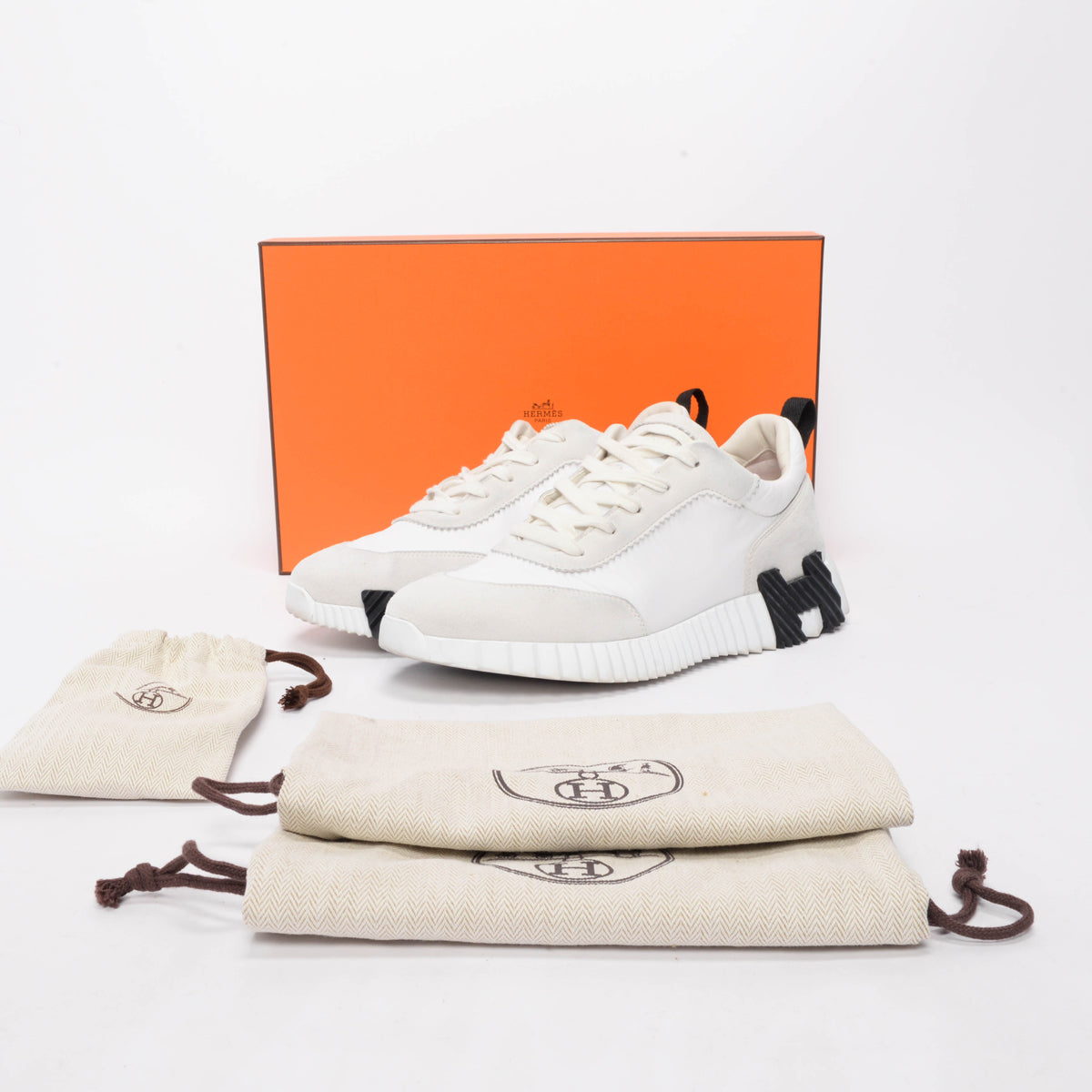 Hermes White Nylon & Suede Homme Bouncing Sneakers 41.5