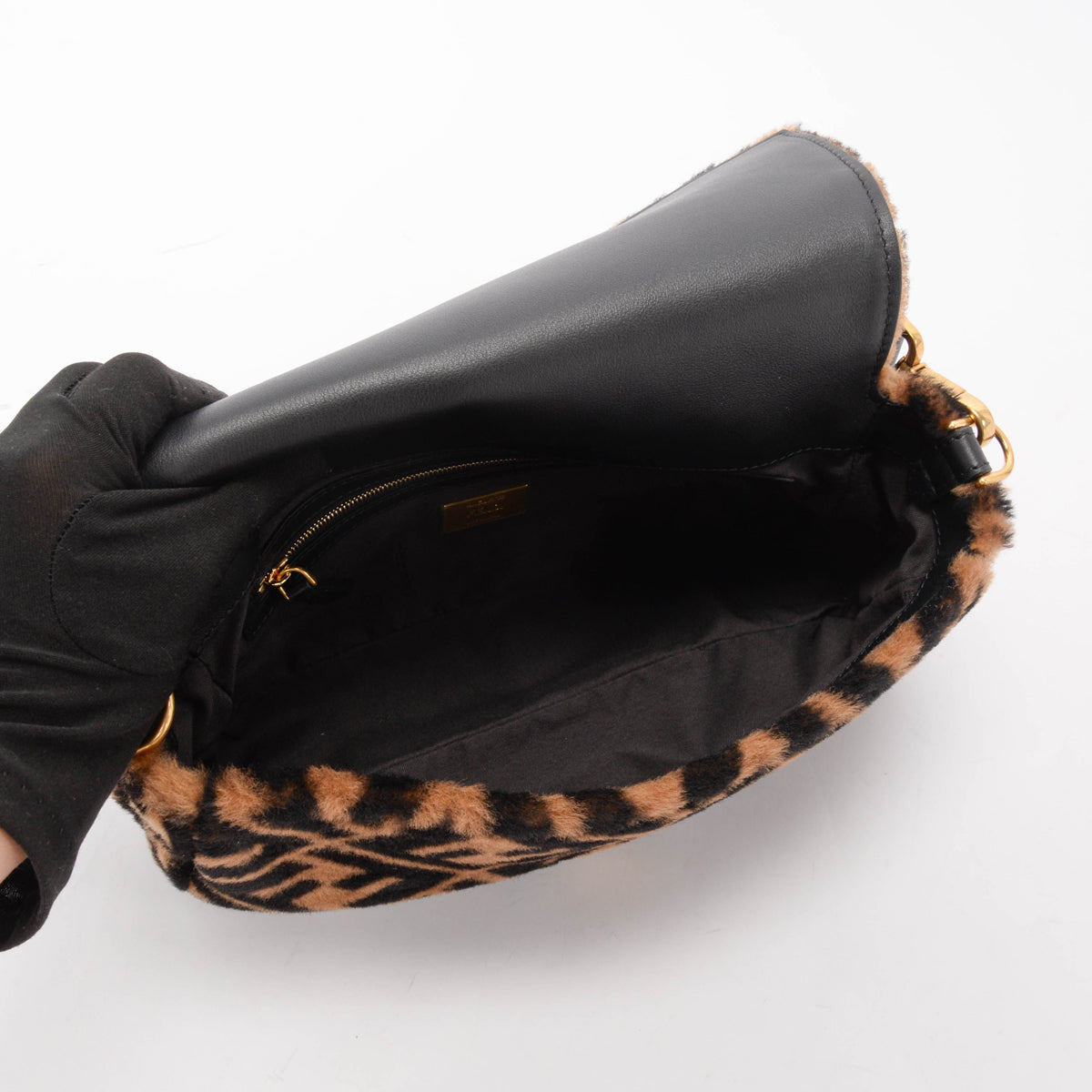 Fendi Tobacco & Black FF Shearling Baguette Bag