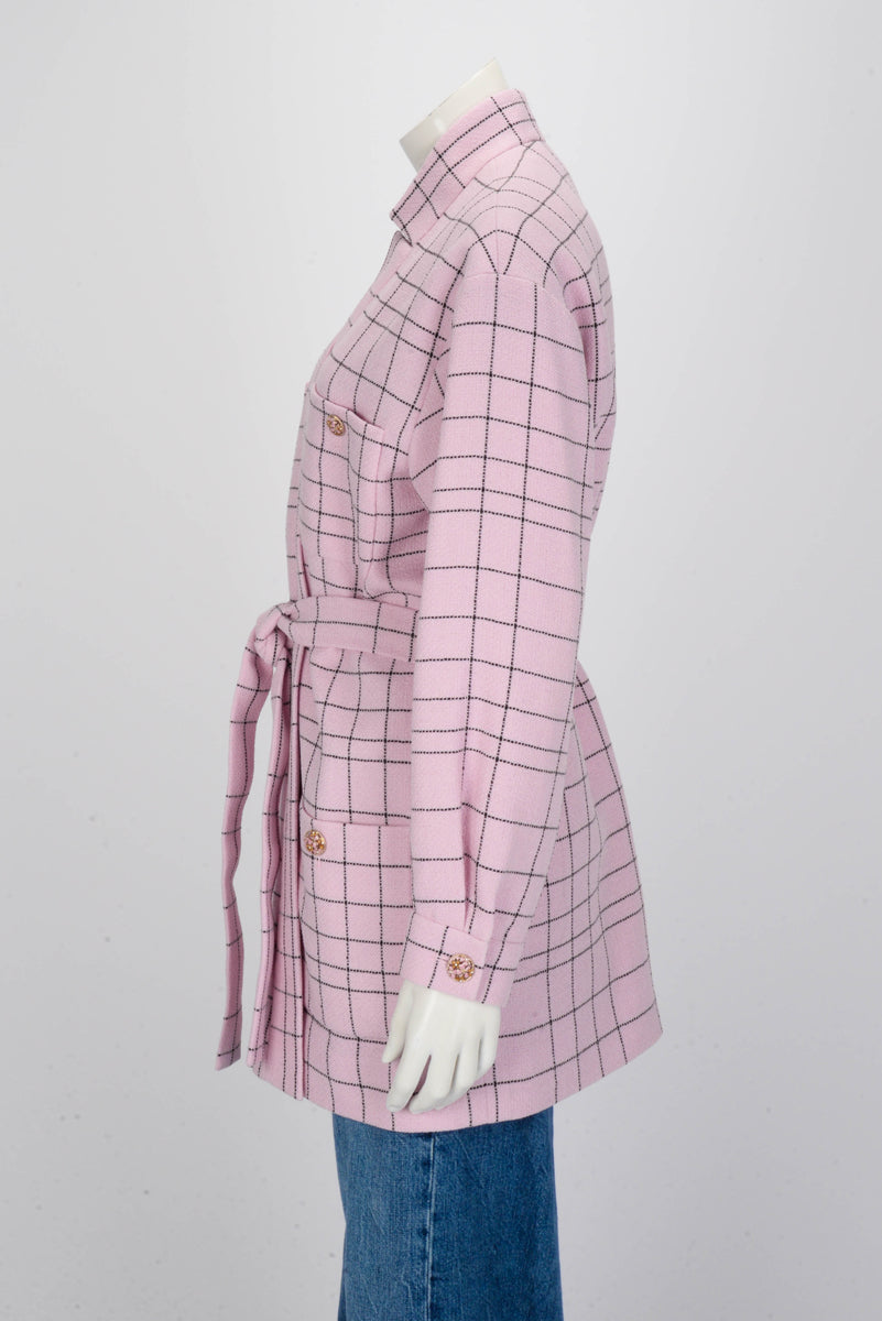 Chanel Pink Wool Check Self Belt Jacket FR 38