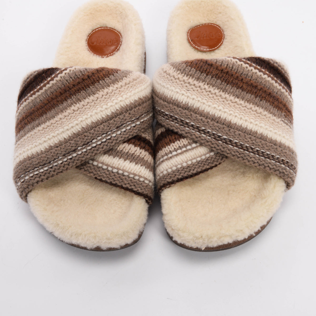 Chloe Brown Shearling Wavy Knit Slides 41