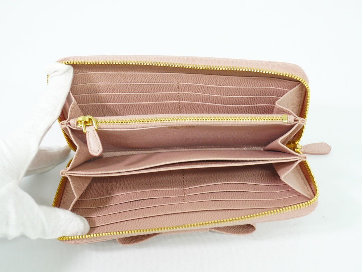 Prada Pink Saffiano Leather Bow Zip Around Wallet
