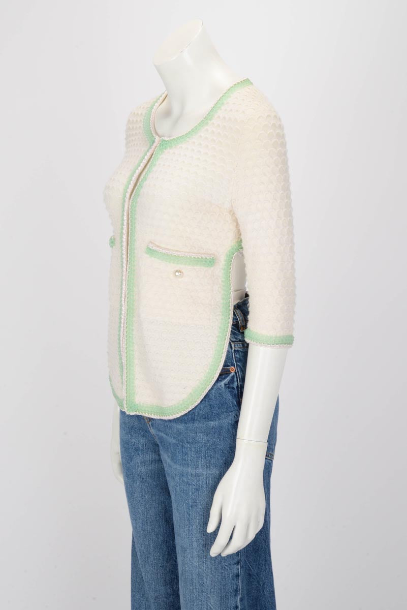 Chanel Cream Cashmere Scale-Knit Tie Cardigan FR 34