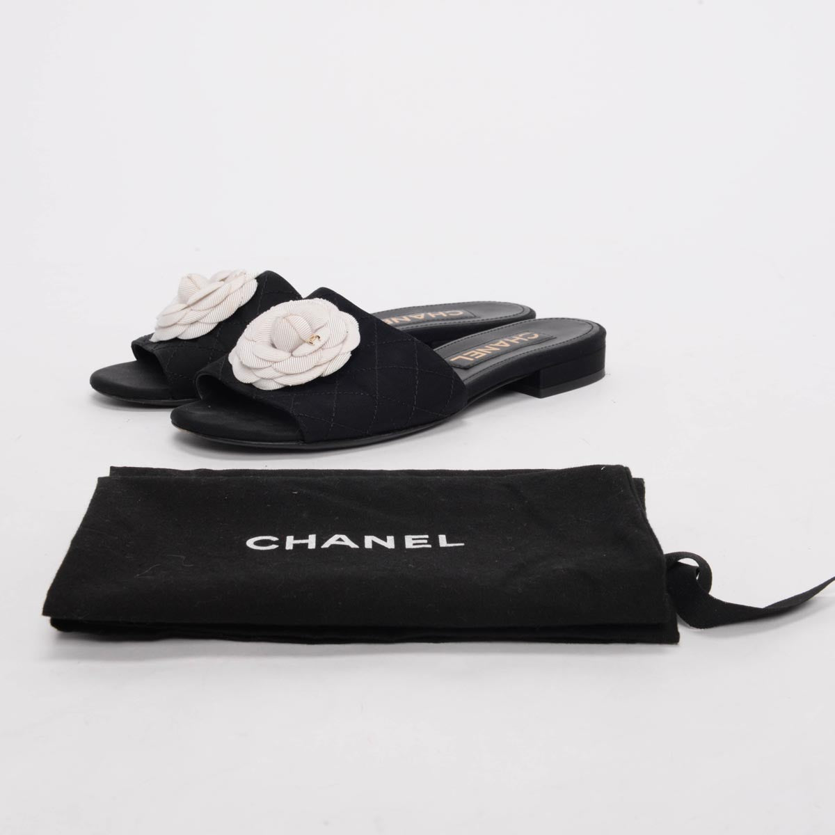 Chanel Black Grosgrain Quilted Camellia Slides 37