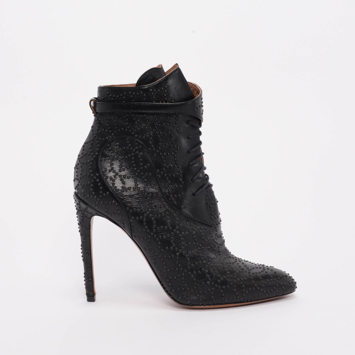 Alaia Black Calfskin Studded Lace Up Boots 38