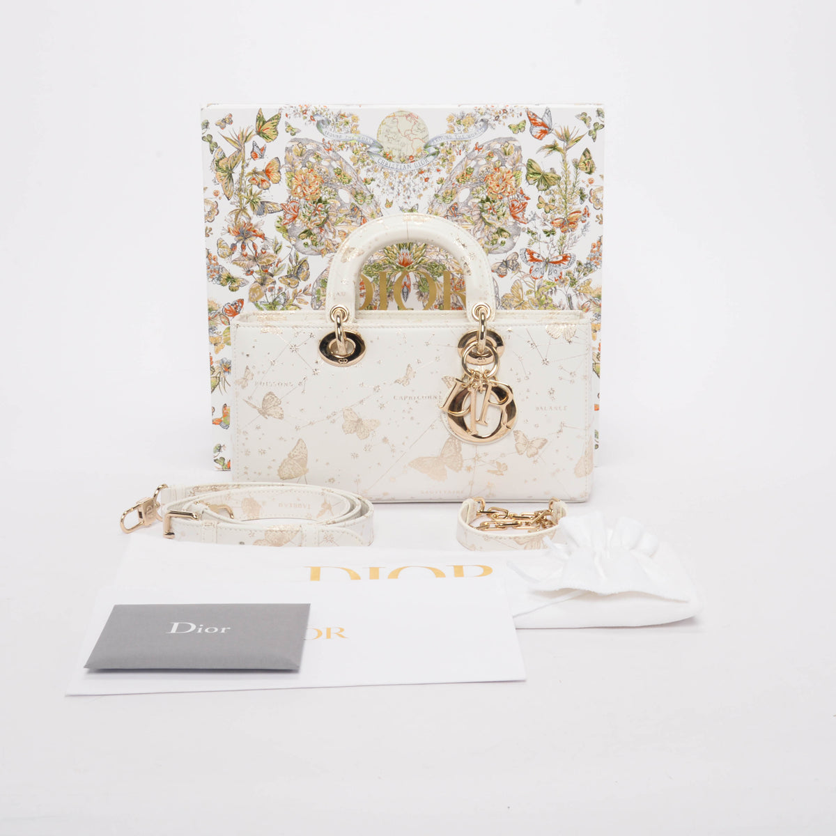 Dior White Calfskin Zodiac Butterfly Medium Lady D-Joy Bag