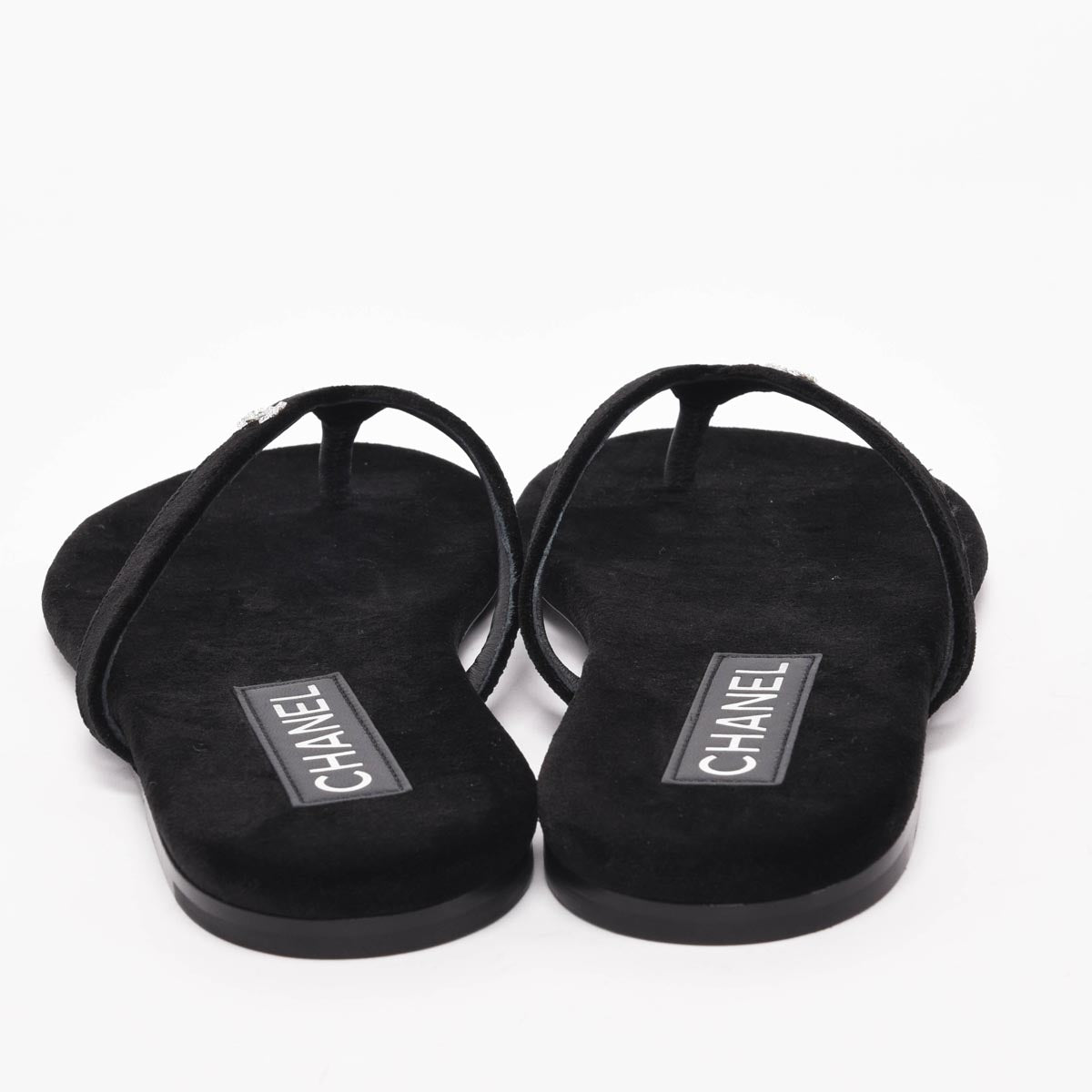 Chanel Black Velvet Crystal CC Thong Sandals 38.5