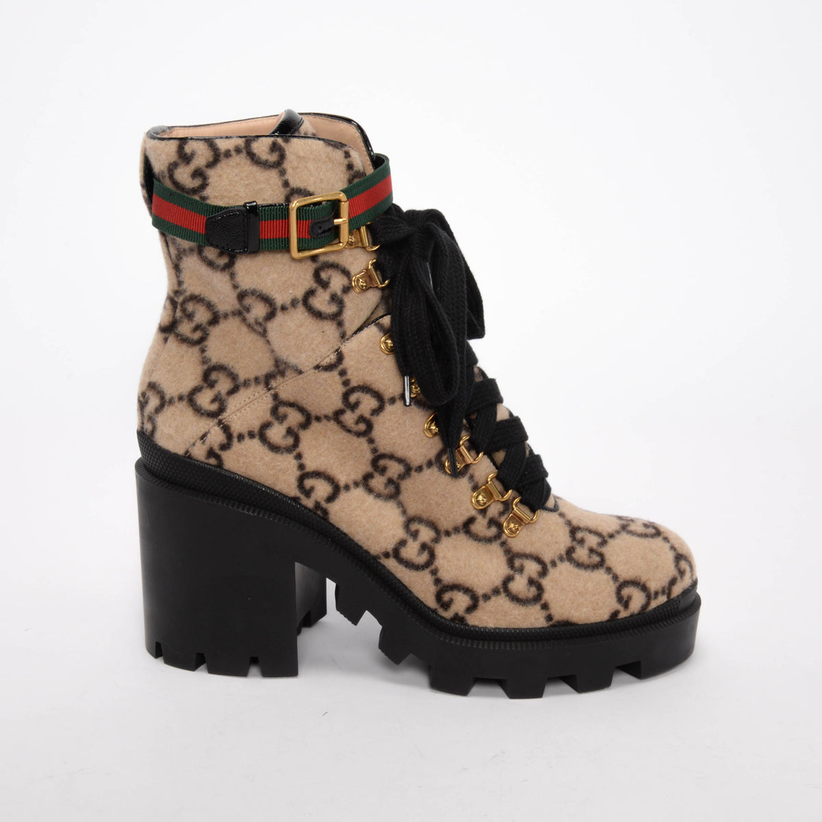 Gucci Beige Wool GG Lace Up Combat Boots 41