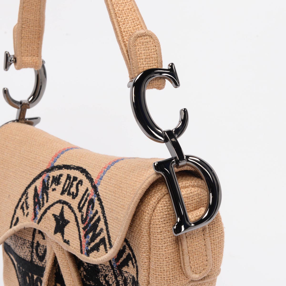 Dior Beige Woven Raffia Embroidered Saddle Bag