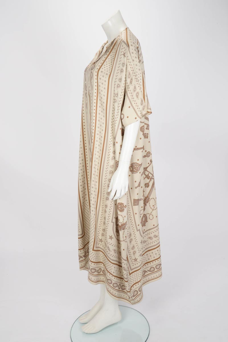 Hermes Beige Silk Les Cles Maxi Dress FR 46