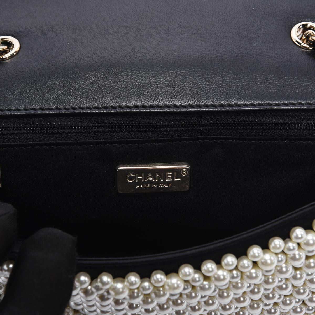 Chanel Black Satin & Lambskin Pearl On Flap Bag