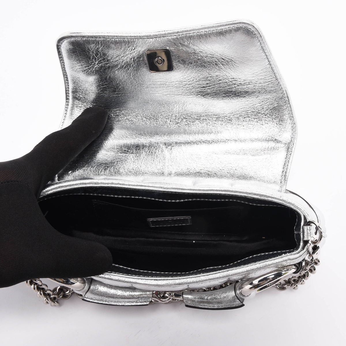 Gucci Silver Matelasse Small Horsebit Chain Bag