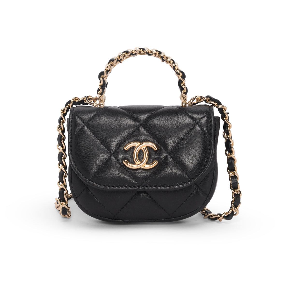 Chanel Black Lambskin Pearl Handle Clutch with Chain