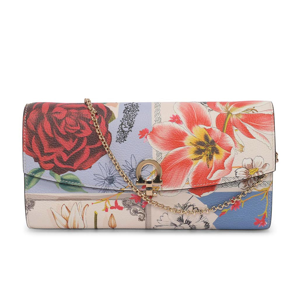 Ferragamo Floral Print Calfskin Gancini Chain Wallet