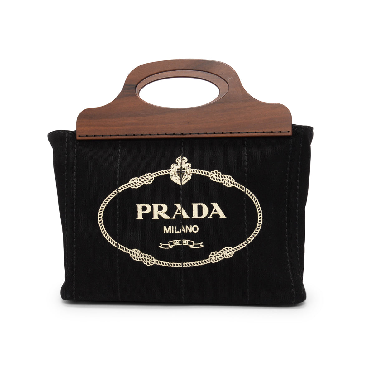 Prada Black Canvas Wood Handle Canapa Tote