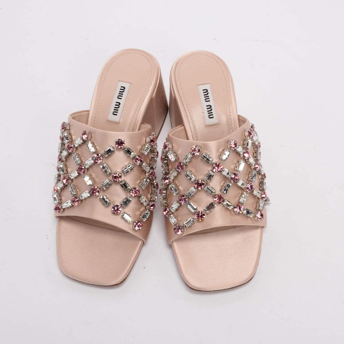 Miu Miu Blush Satin Crystal Embellished Mules 37