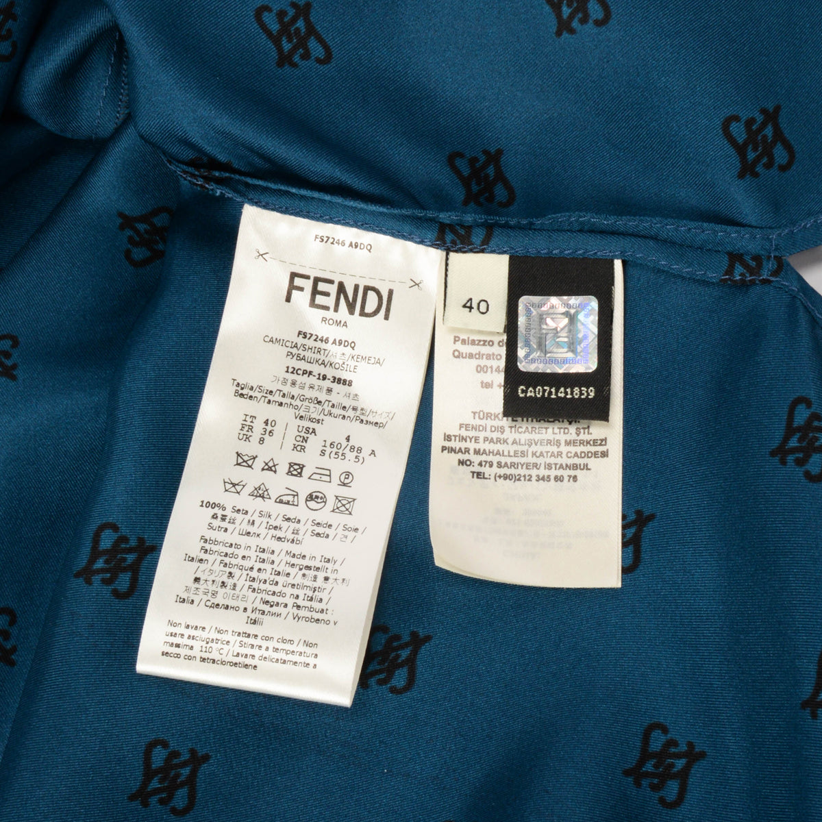 Fendi Blue Silk Karligraphy Motif Shirt IT 40