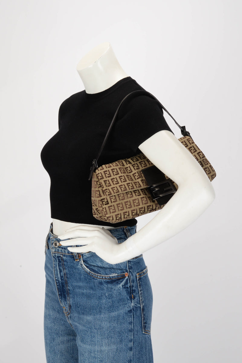 Fendi Brown Zucchino Canvas Long Baguette Bag